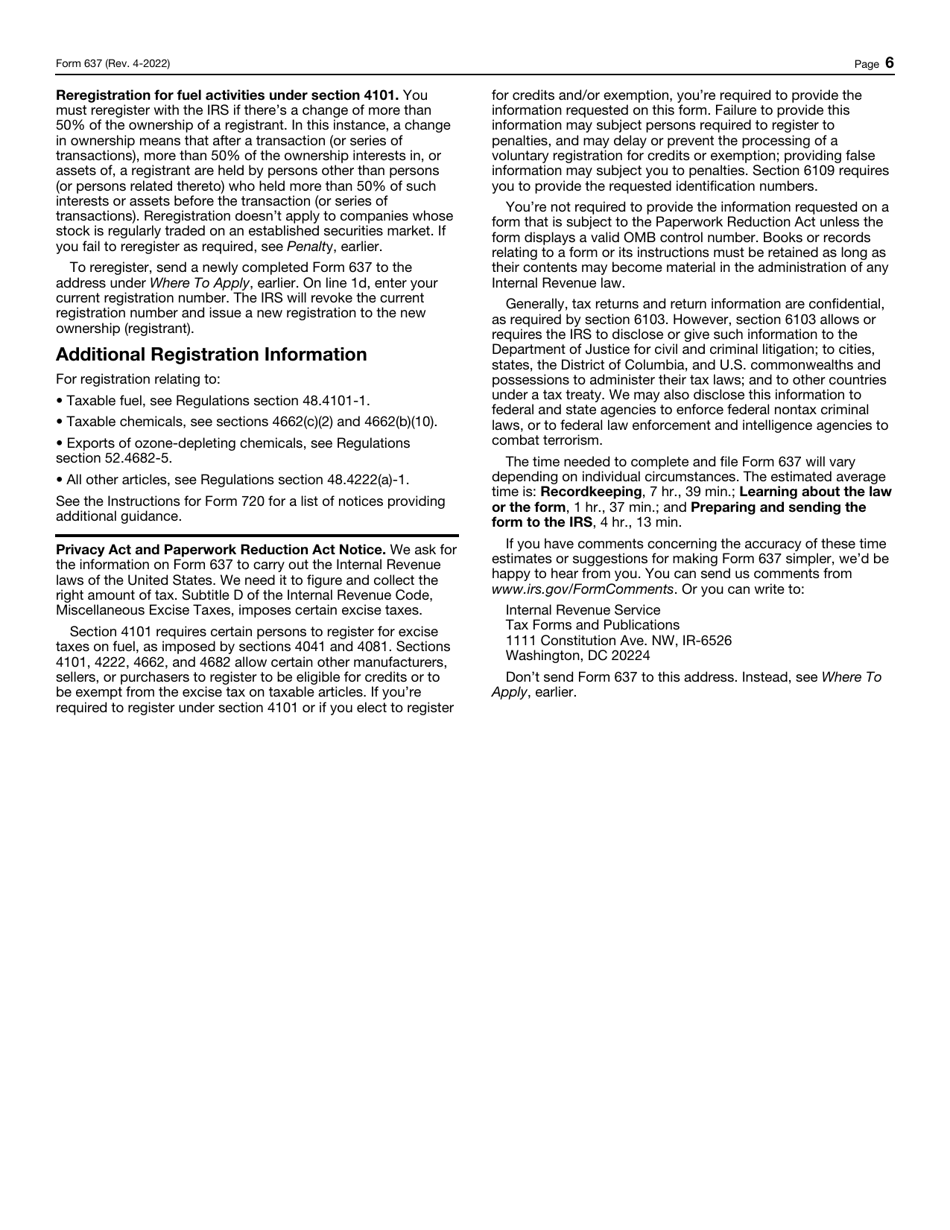 IRS Form 637 Application for Registration (For Certain Excise Tax Activities), Page 6