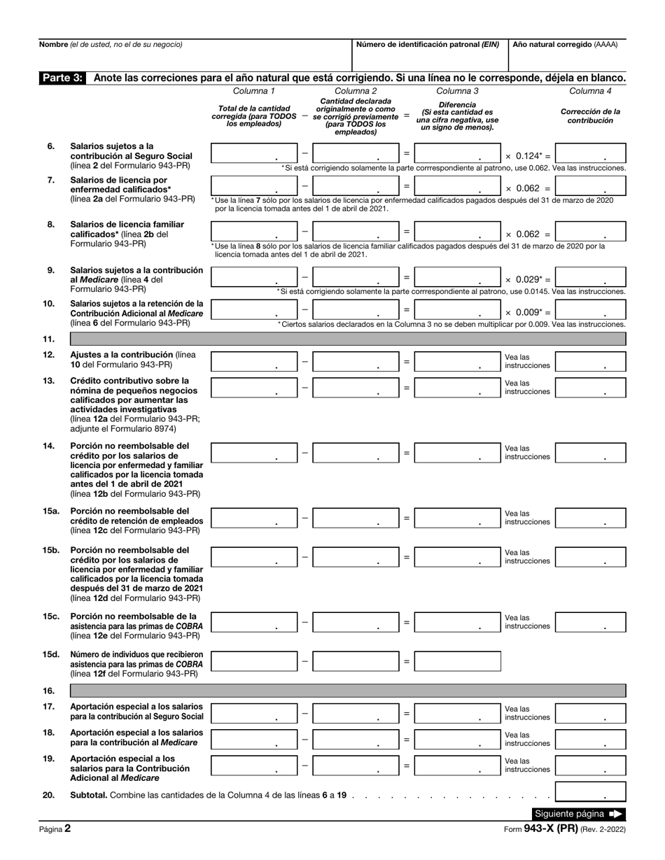 IRS Formulario 943-X (PR) Ajuste a La Declaracion Federal Anual Del Patrono De Empleados Agricolas O Reclamacion De Reembolso (Puerto Rican Spanish), Page 2