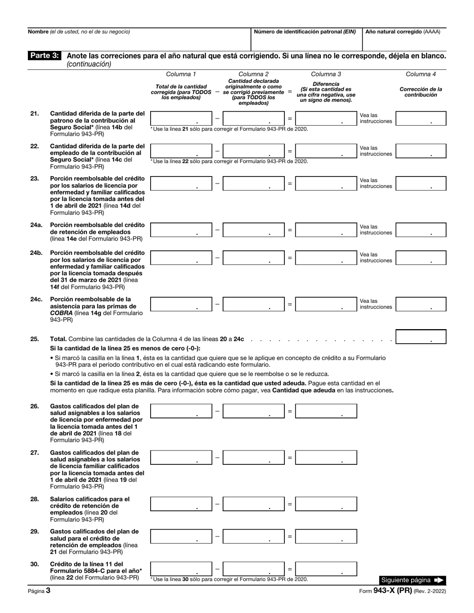 IRS Formulario 943-X (PR) Ajuste a La Declaracion Federal Anual Del Patrono De Empleados Agricolas O Reclamacion De Reembolso (Puerto Rican Spanish), Page 3