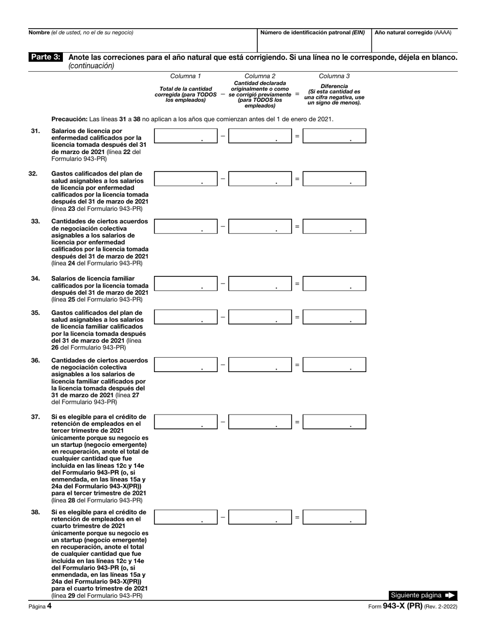 IRS Formulario 943-X (PR) Ajuste a La Declaracion Federal Anual Del Patrono De Empleados Agricolas O Reclamacion De Reembolso (Puerto Rican Spanish), Page 4