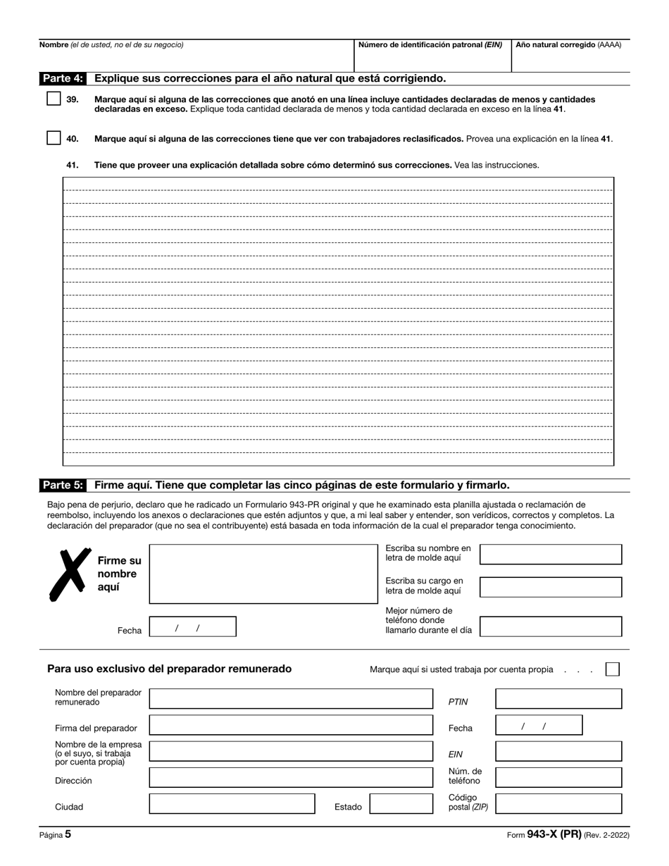 IRS Formulario 943-X (PR) Ajuste a La Declaracion Federal Anual Del Patrono De Empleados Agricolas O Reclamacion De Reembolso (Puerto Rican Spanish), Page 5