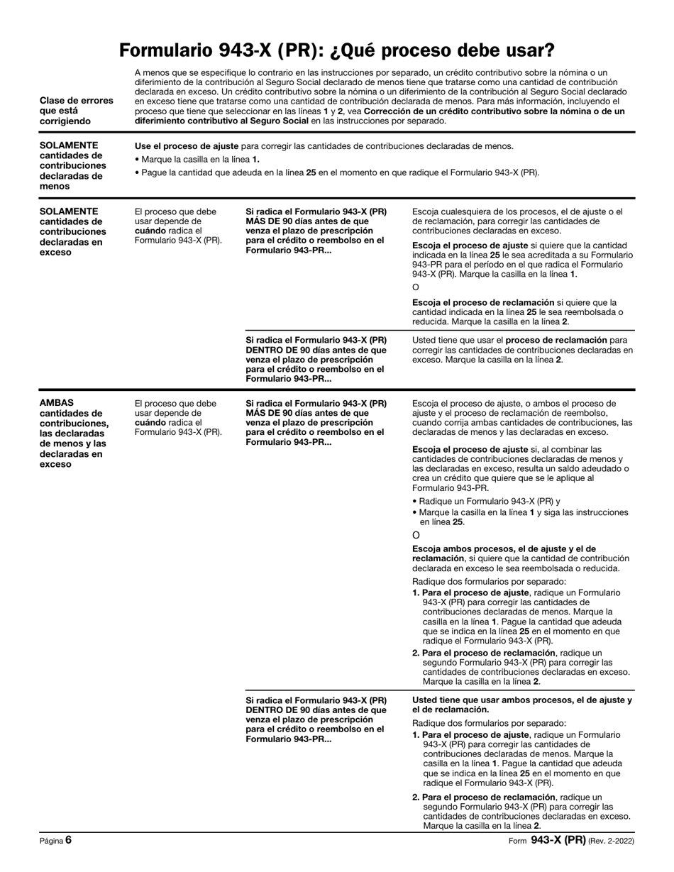 IRS Formulario 943-X (PR) Ajuste a La Declaracion Federal Anual Del Patrono De Empleados Agricolas O Reclamacion De Reembolso (Puerto Rican Spanish), Page 6