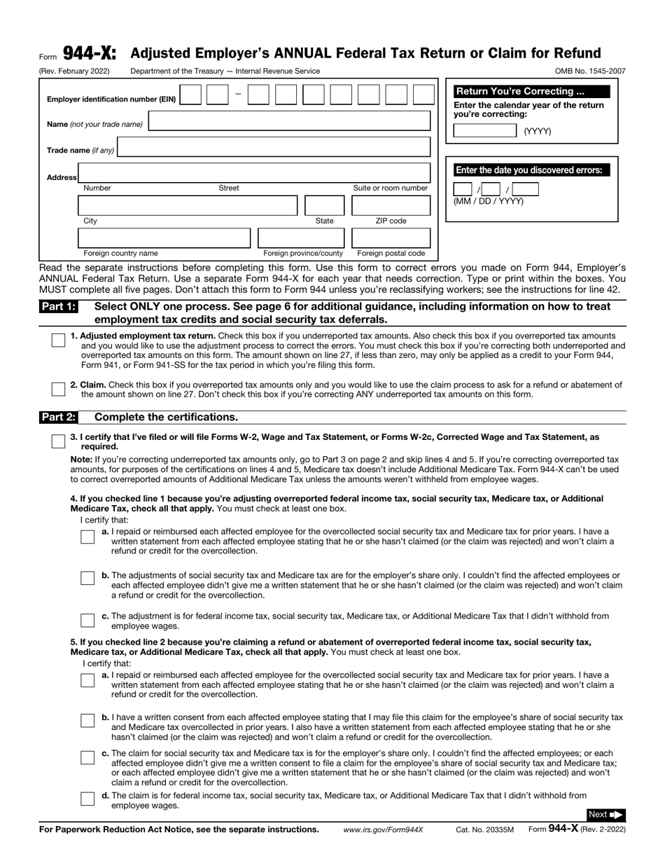 IRS Form 944-X Adjusted Employers Annual Federal Tax Return or Claim for Refund, Page 1