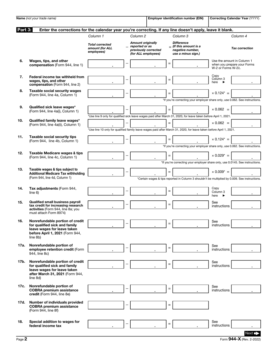 IRS Form 944-X Adjusted Employers Annual Federal Tax Return or Claim for Refund, Page 2