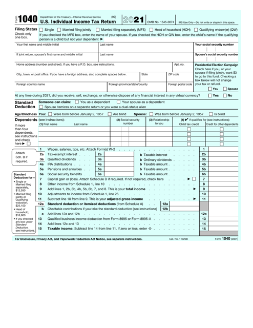 IRS Form 1040 2021 Printable Pdf