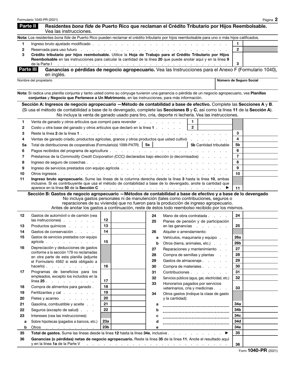 IRS Formulario 1040-PR Planilla Para La Declaracion De La Contribucion Federal Sobre El Trabajo Por Cuenta Propia (Incluyendo El Credito Tributario Por Hijos Reembolsable Para Residentes Bona Fide De Puerto Rico) (Puerto Rican Spanish), Page 2