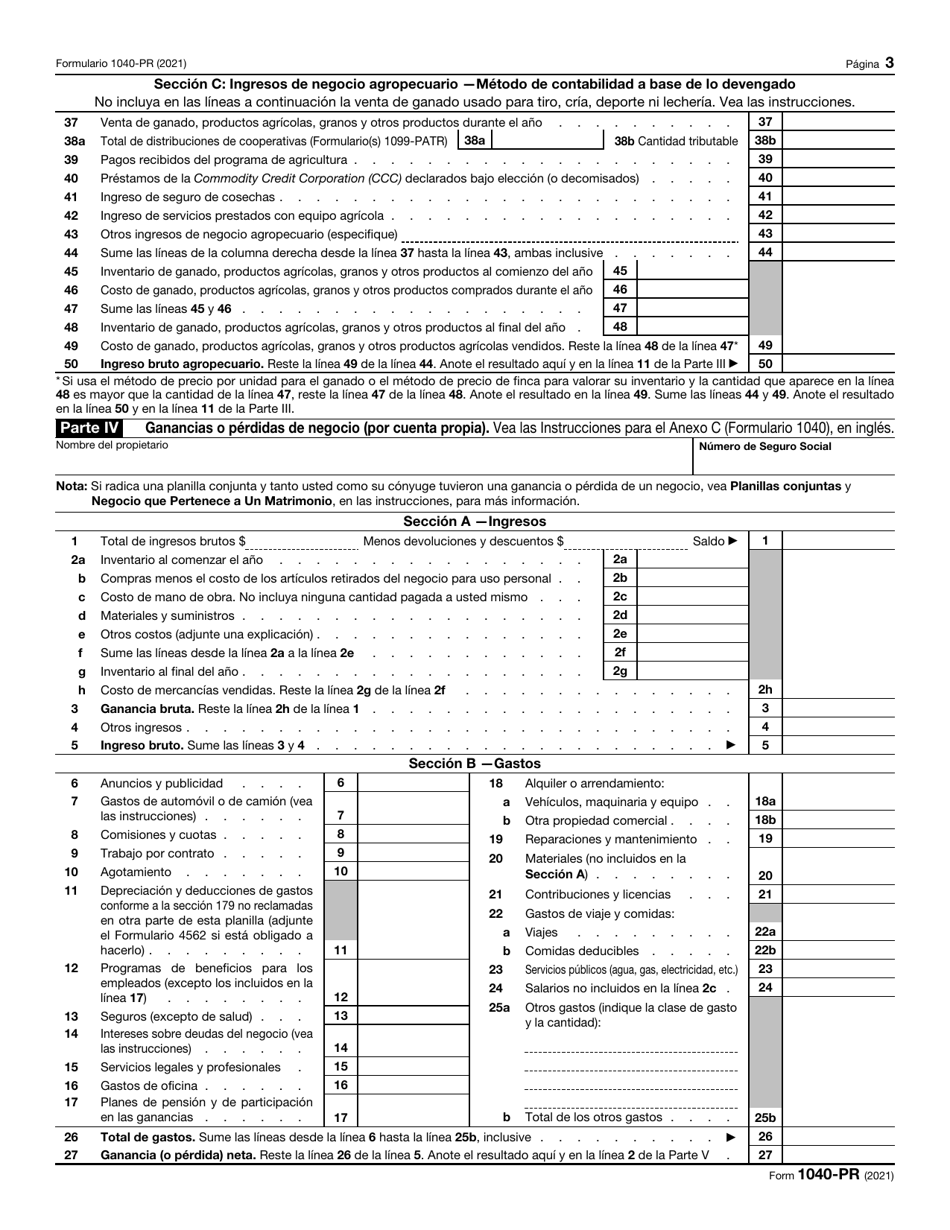 IRS Formulario 1040-PR Planilla Para La Declaracion De La Contribucion Federal Sobre El Trabajo Por Cuenta Propia (Incluyendo El Credito Tributario Por Hijos Reembolsable Para Residentes Bona Fide De Puerto Rico) (Puerto Rican Spanish), Page 3