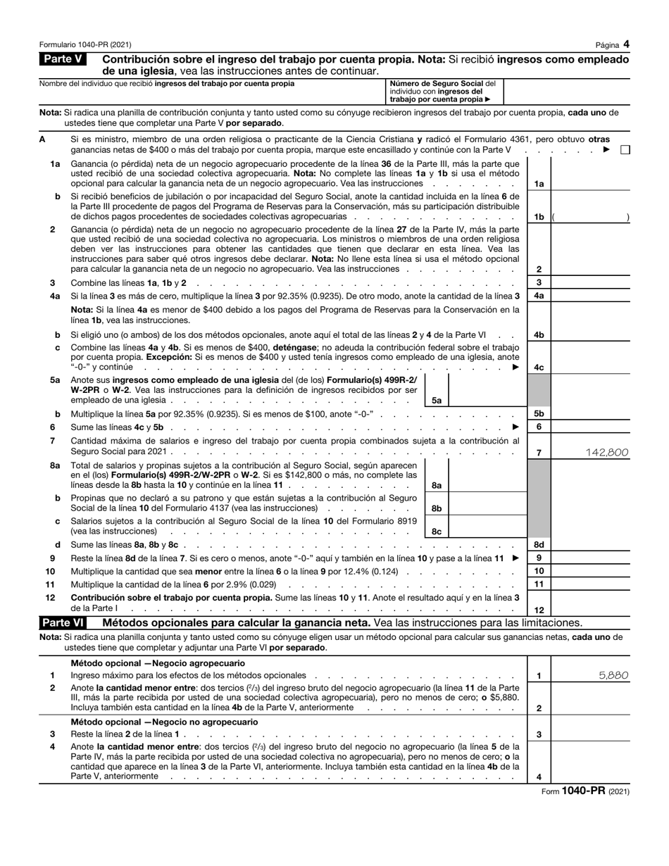 IRS Formulario 1040-PR Planilla Para La Declaracion De La Contribucion Federal Sobre El Trabajo Por Cuenta Propia (Incluyendo El Credito Tributario Por Hijos Reembolsable Para Residentes Bona Fide De Puerto Rico) (Puerto Rican Spanish), Page 4