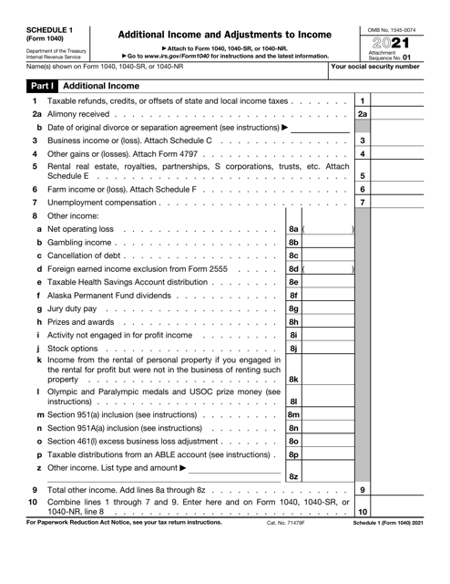 IRS Form 1040 Schedule 1 2021 Printable Pdf