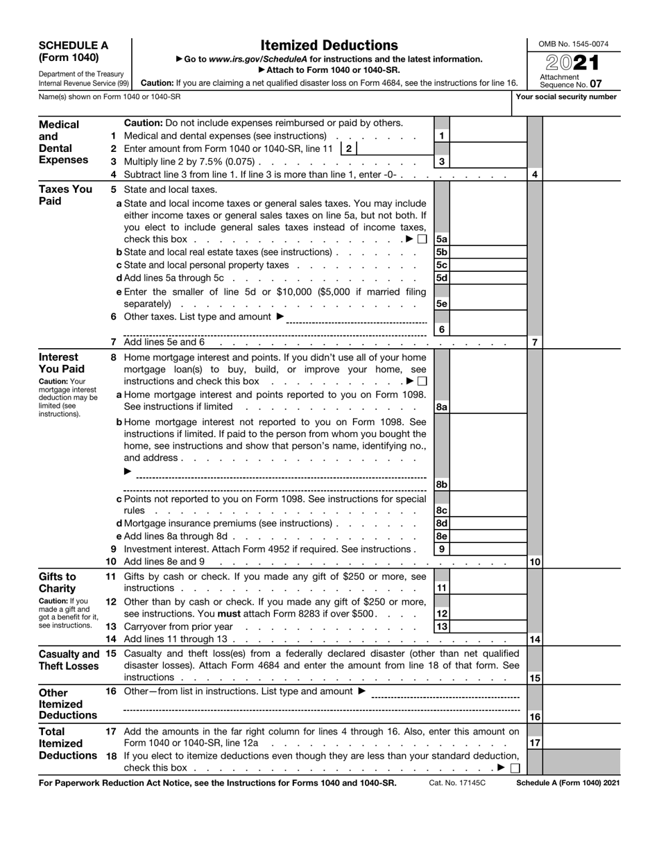 IRS Form 1040 Schedule A Itemized Deductions, Page 1