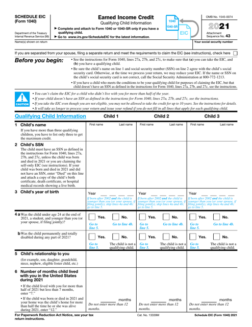 IRS Form 1040 Schedule EIC 2021 Printable Pdf