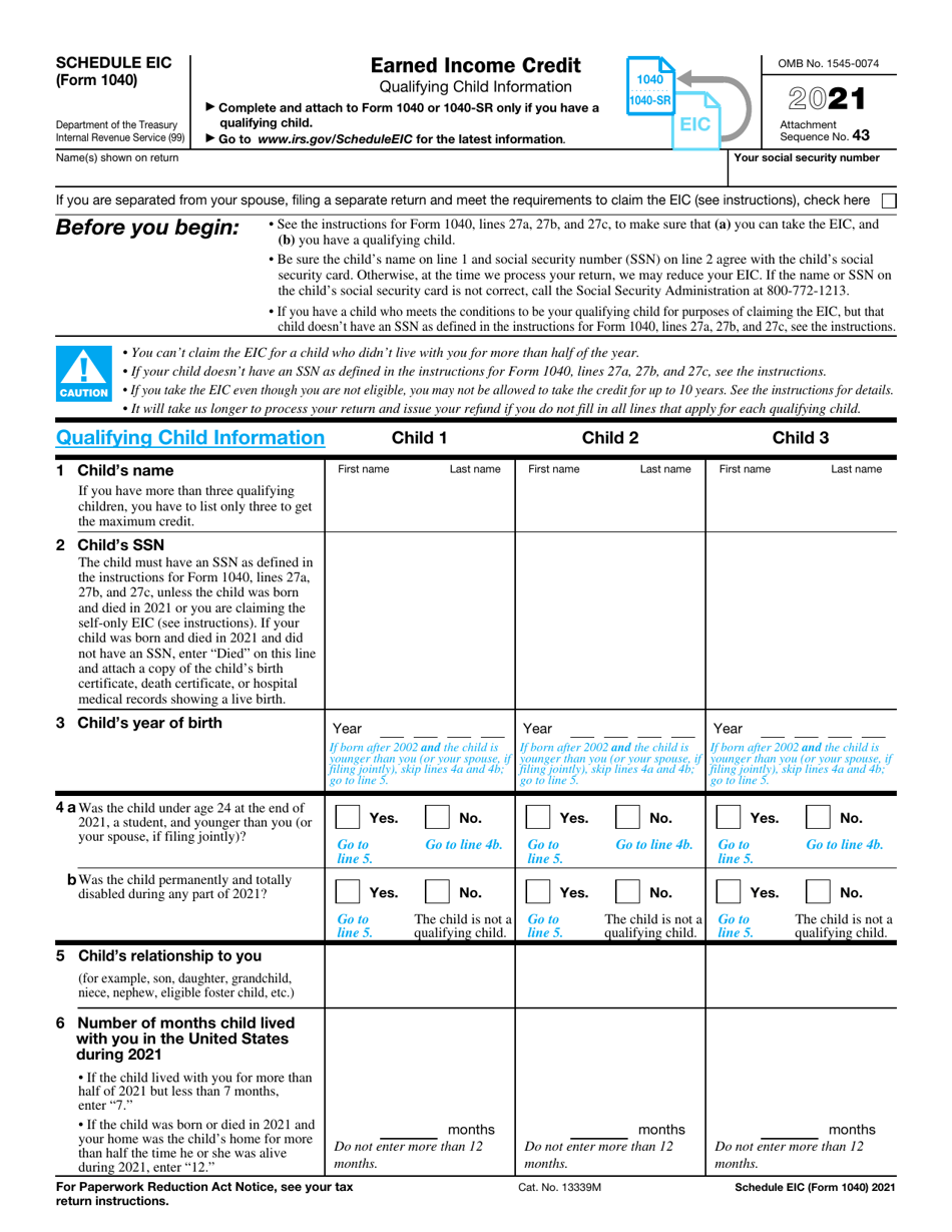 IRS Form 1040 Schedule EIC Earned Income Credit, Page 1