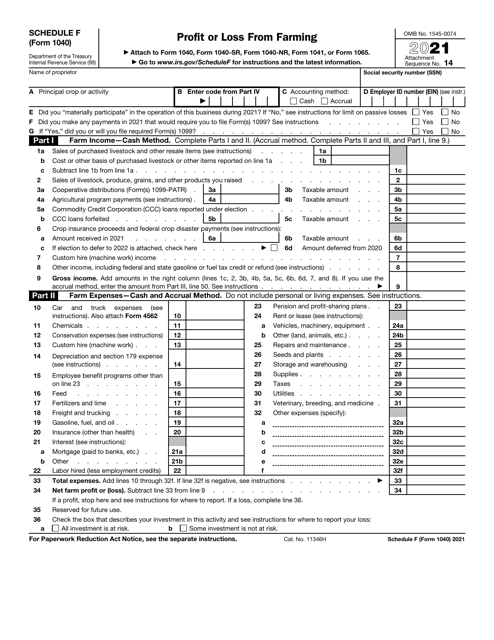 IRS Form 1040 Schedule F 2021 Printable Pdf