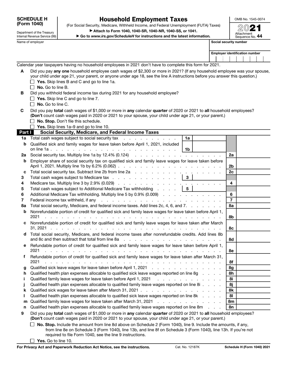 IRS Form 1040 Schedule H Household Employment Taxes, Page 1