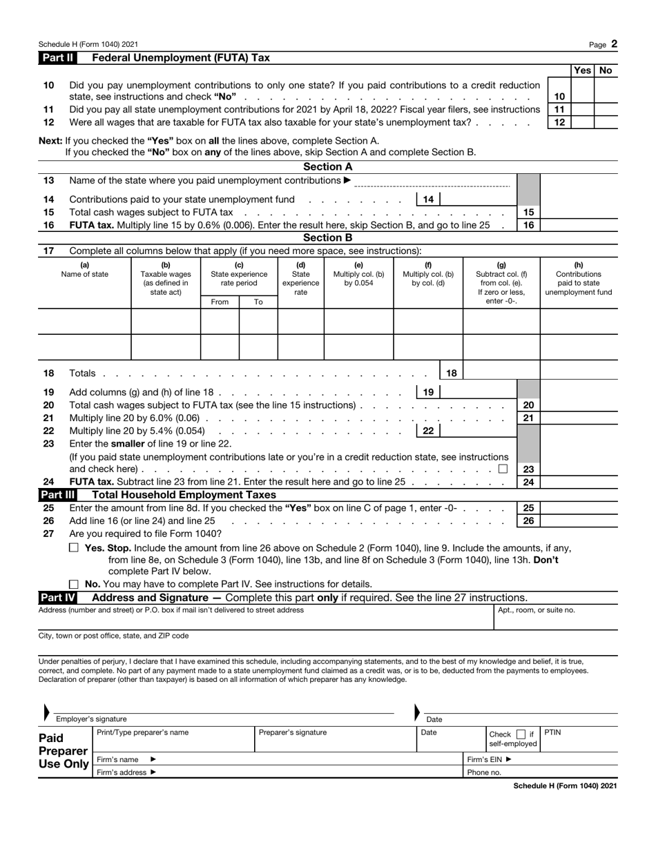 IRS Form 1040 Schedule H Household Employment Taxes, Page 2