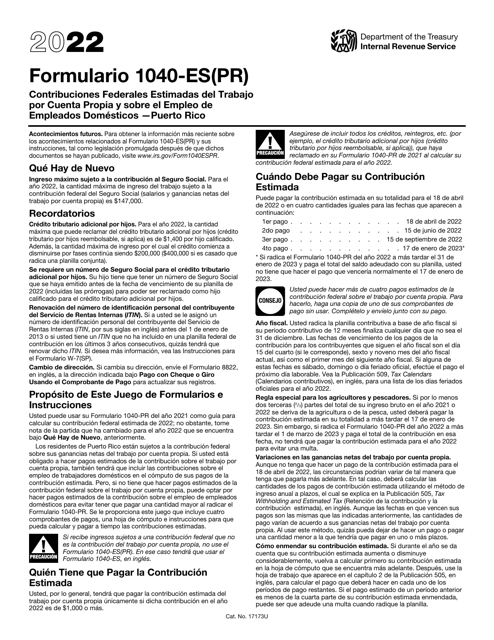 IRS Form 1040-ES(PR) 2022 Printable Pdf