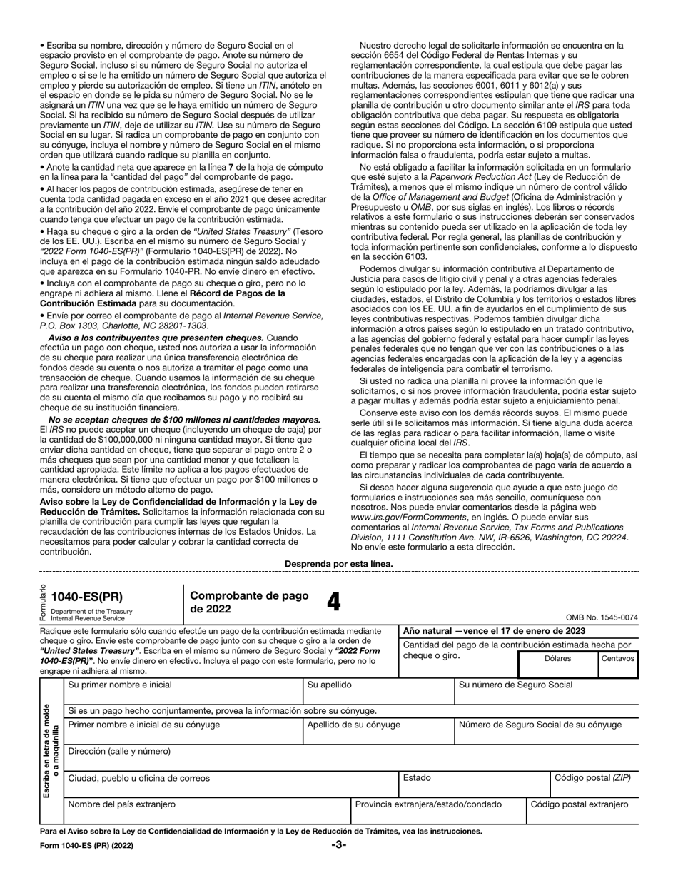 IRS Formulario 1040-ES(PR) Contribuciones Federales Estimadas Del Trabajo Por Cuenta Propia Y Sobre El Empleo De Empleados Domesticos - Puerto Rico (Puerto Rican Spanish), Page 3