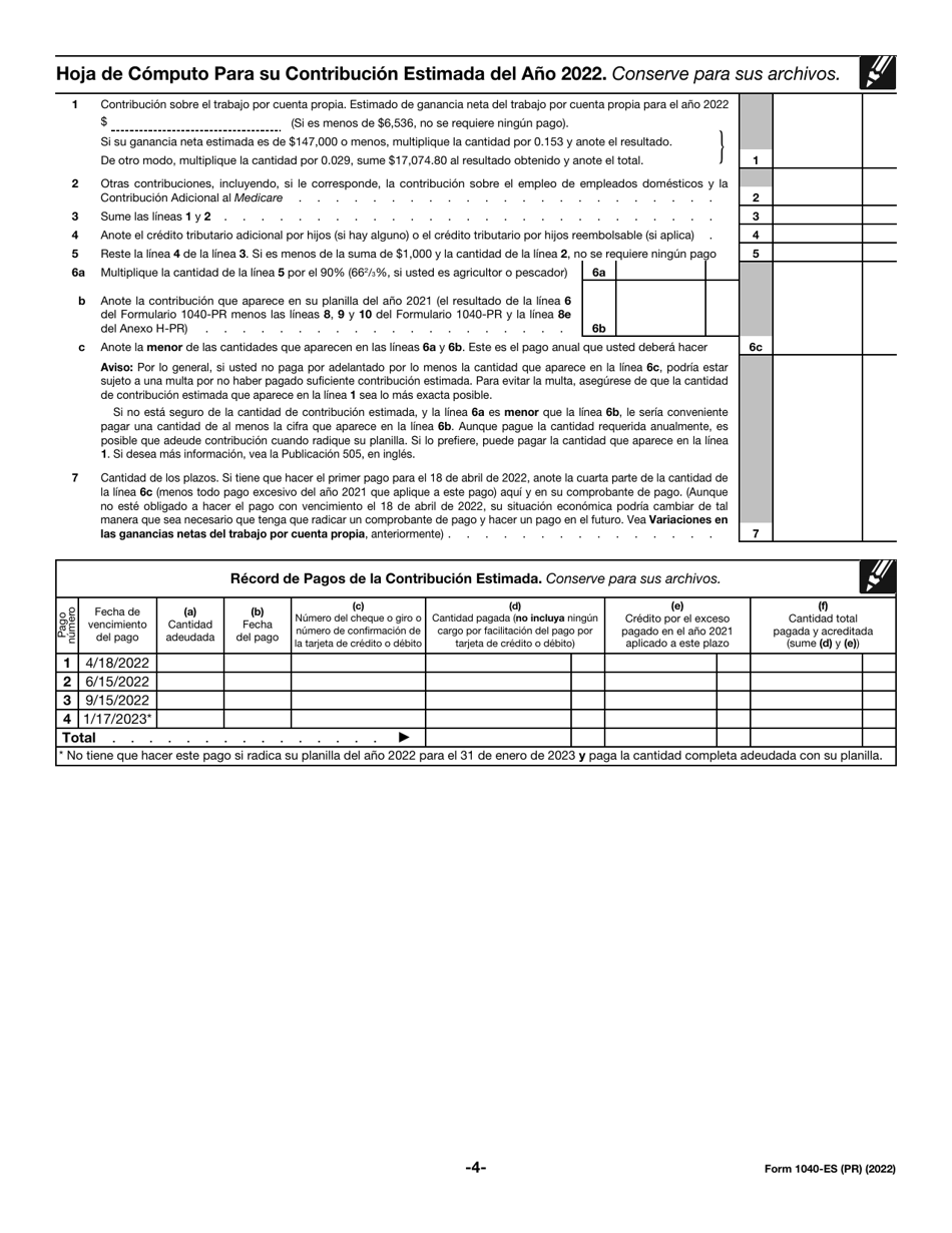 IRS Formulario 1040-ES(PR) Contribuciones Federales Estimadas Del Trabajo Por Cuenta Propia Y Sobre El Empleo De Empleados Domesticos - Puerto Rico (Puerto Rican Spanish), Page 4