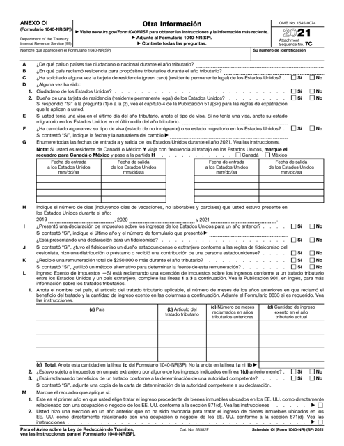 IRS Formulario 1040-NR(SP) Anexo OI 2021 Printable Pdf