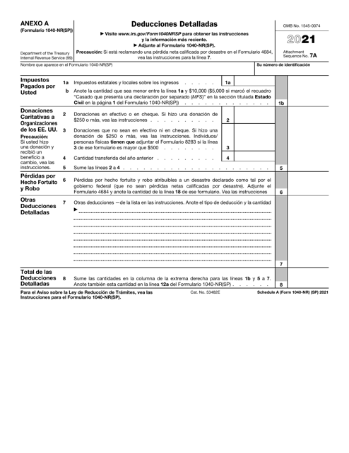 IRS Formulario 1040-NR(SP) Anexo A 2021 Printable Pdf