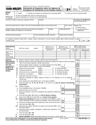 Document preview: IRS Formulario 1040-NR(SP) Declaracion De Impuestos Sobre Los Ingresos De Extranjeros No Residentes De Los Estados Unidos (Spanish), 2021