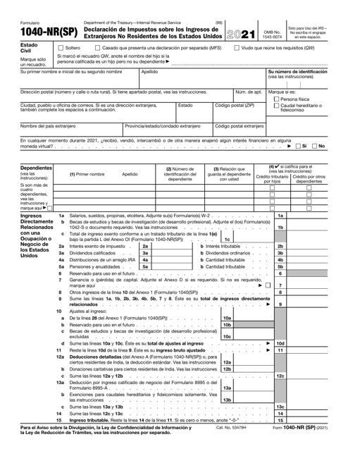 IRS Formulario 1040-NR(SP) Declaracion De Impuestos Sobre Los Ingresos De Extranjeros No Residentes De Los Estados Unidos (Spanish), 2021