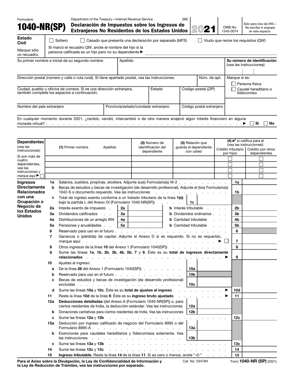 IRS Formulario 1040-NR(SP) Declaracion De Impuestos Sobre Los Ingresos De Extranjeros No Residentes De Los Estados Unidos (Spanish), Page 1