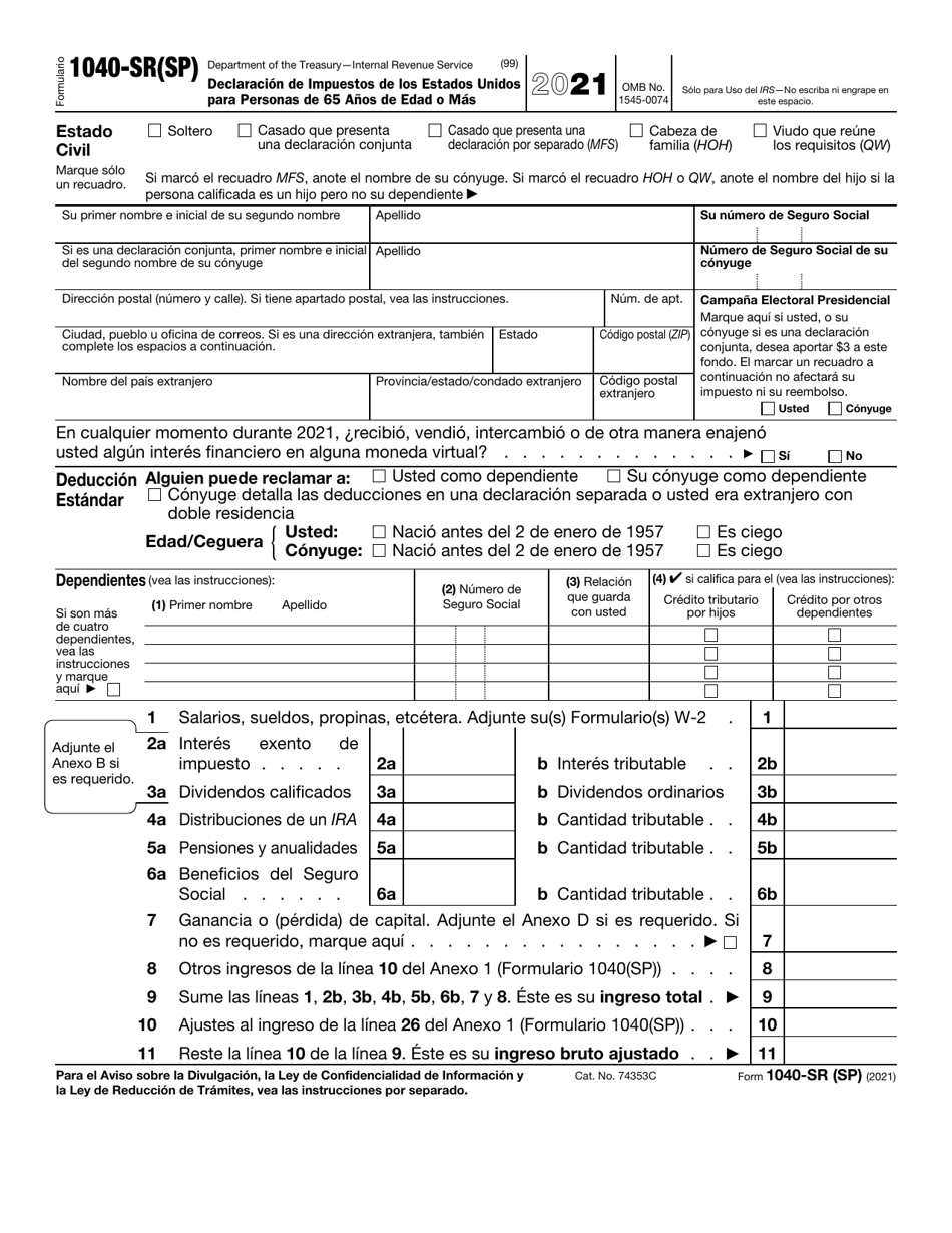 IRS Formulario 1040-SR(SP) Declaracion De Impuestos De Los Estados Unidos Para Personas De 65 Anos De Edad O Mas (Spanish), Page 1