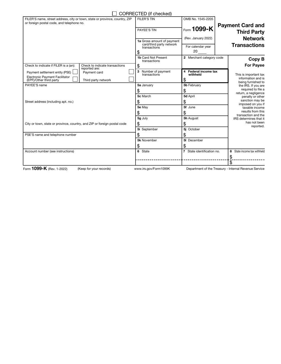 IRS Form 1099-K Download Fillable PDF or Fill Online Payment Card and ...