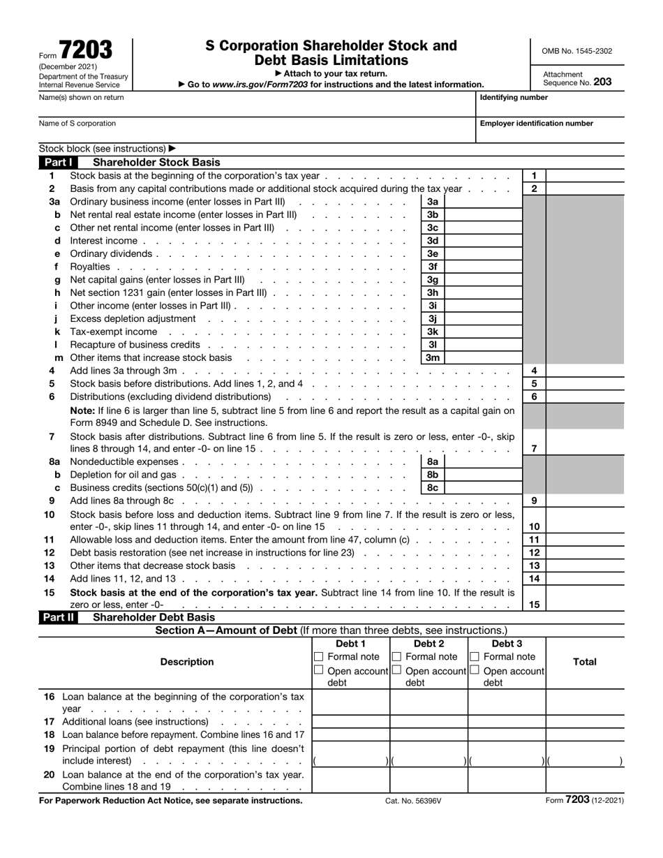 IRS Form 7203 S Corporation Shareholder Stock and Debt Basis Limitations, Page 1