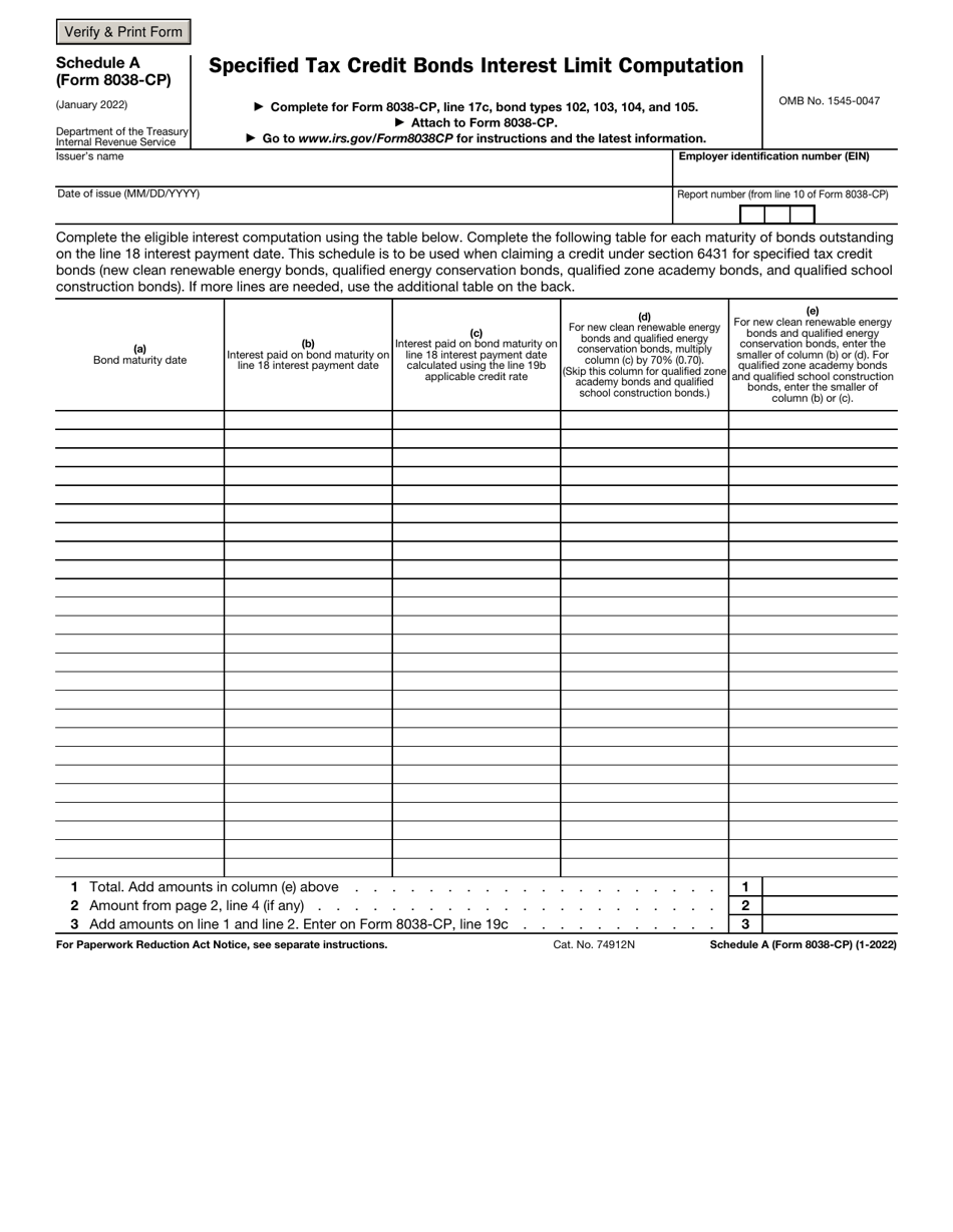 IRS Form 8038-CP Schedule A Specified Tax Credit Bonds Interest Limit Computation, Page 1