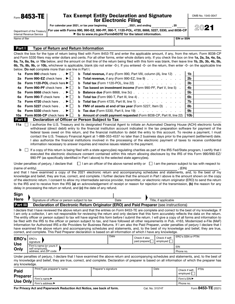 IRS Form 8453-TE Tax Exempt Entity Declaration and Signature for Electronic Filing, Page 1