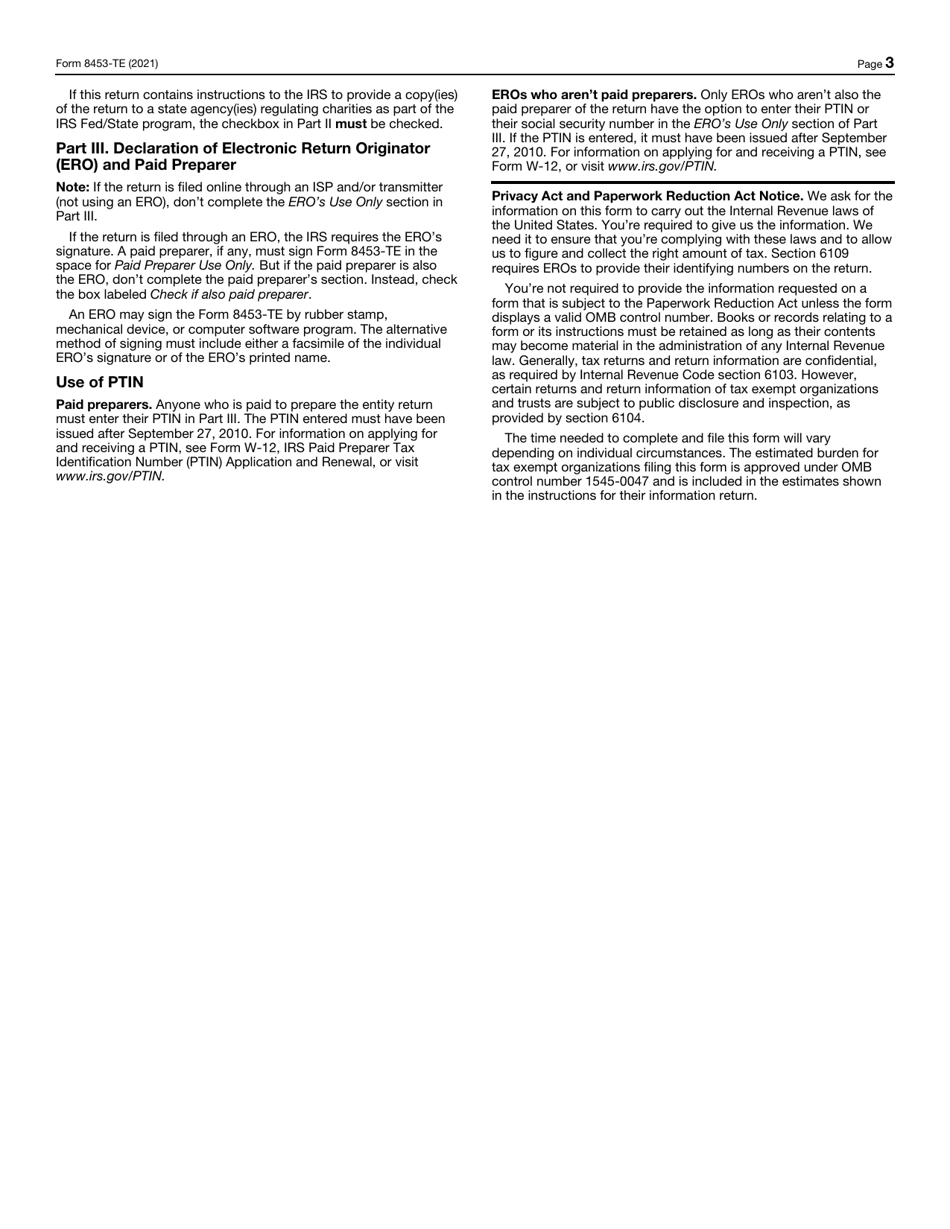 IRS Form 8453-TE Tax Exempt Entity Declaration and Signature for Electronic Filing, Page 3