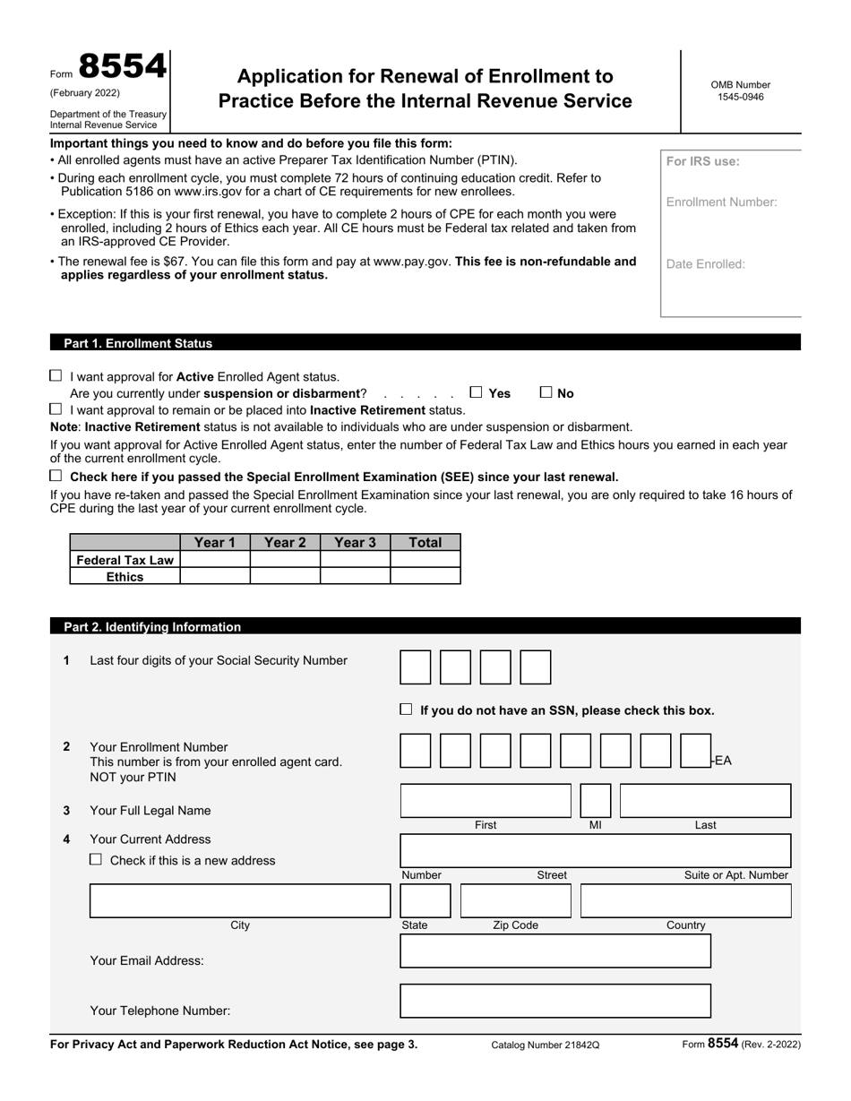 IRS Form 8554 Application for Renewal of Enrollment to Practice Before the Internal Revenue Service, Page 1