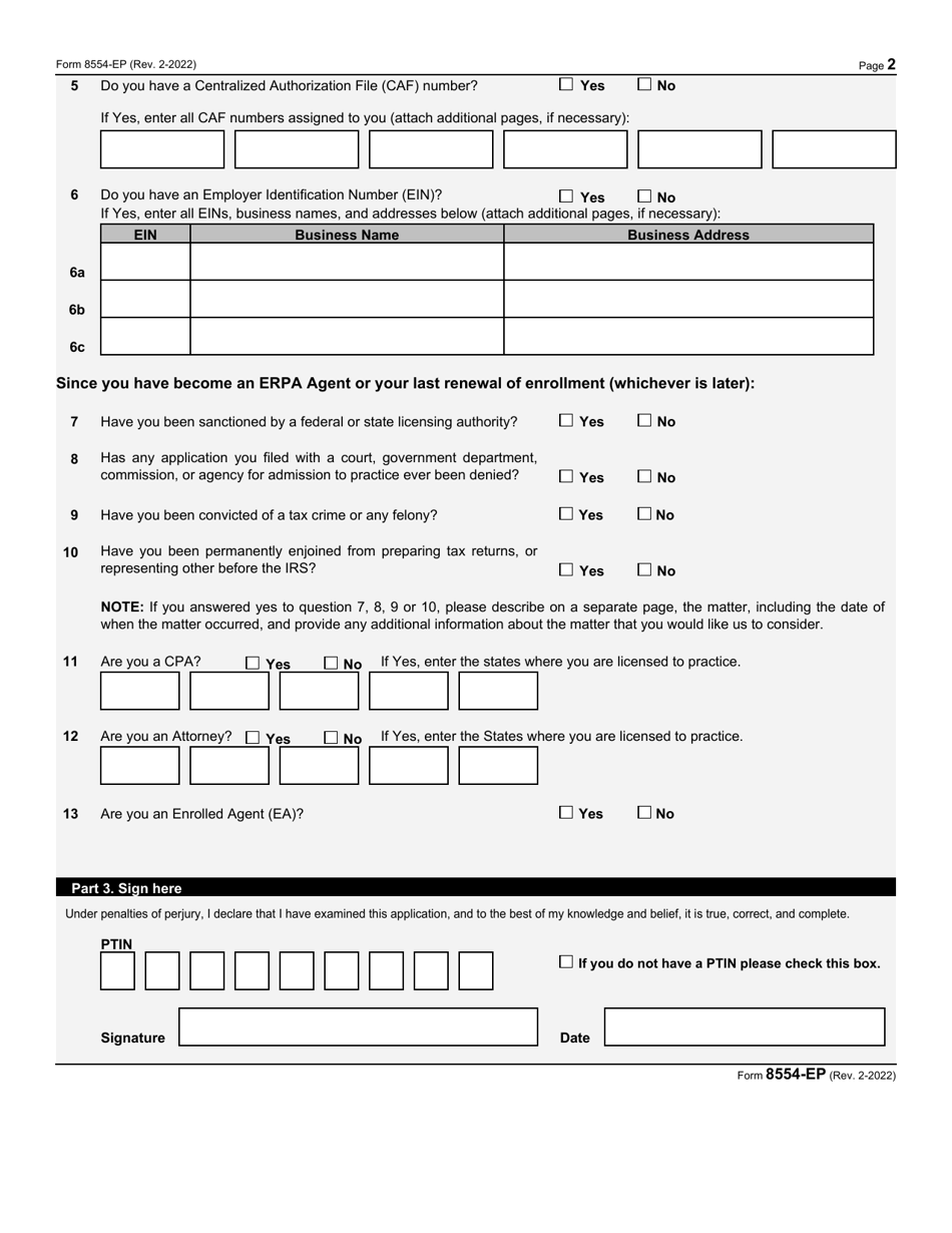 IRS Form 8554-EP Application for Renewal of Enrollment to Practice Before the Internal Revenue Service as an Enrolled Retirement Plan Agent (Erpa), Page 2