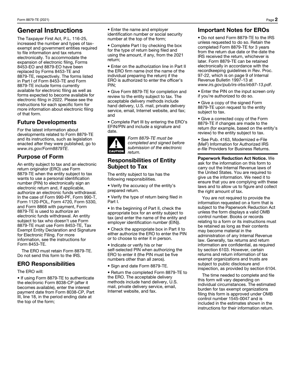 IRS Form 8879-TE IRS E-File Signature Authorization for a Tax Exempt Entity, Page 2