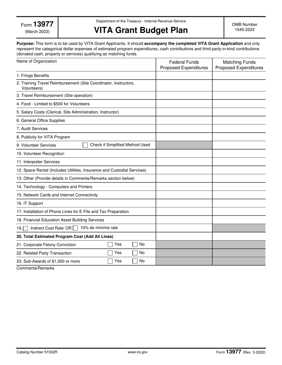IRS Form 13977 Vita Grant Budget Plan, Page 1