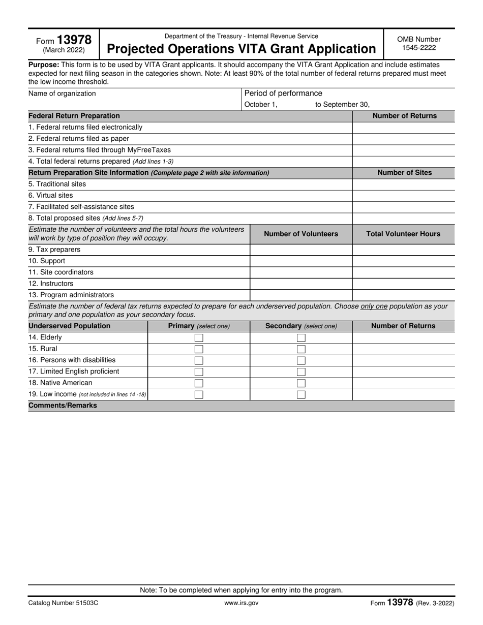 IRS Form 13978 Projected Operations Vita Grant Application, Page 1