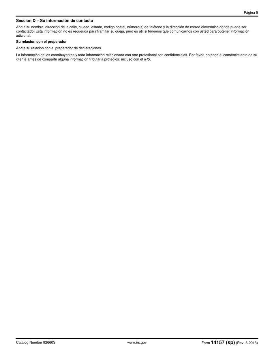 IRS Formulario 14157 (SP) Queja Contra El Preparador De Declaraciones De Impuestos (Spanish), Page 5