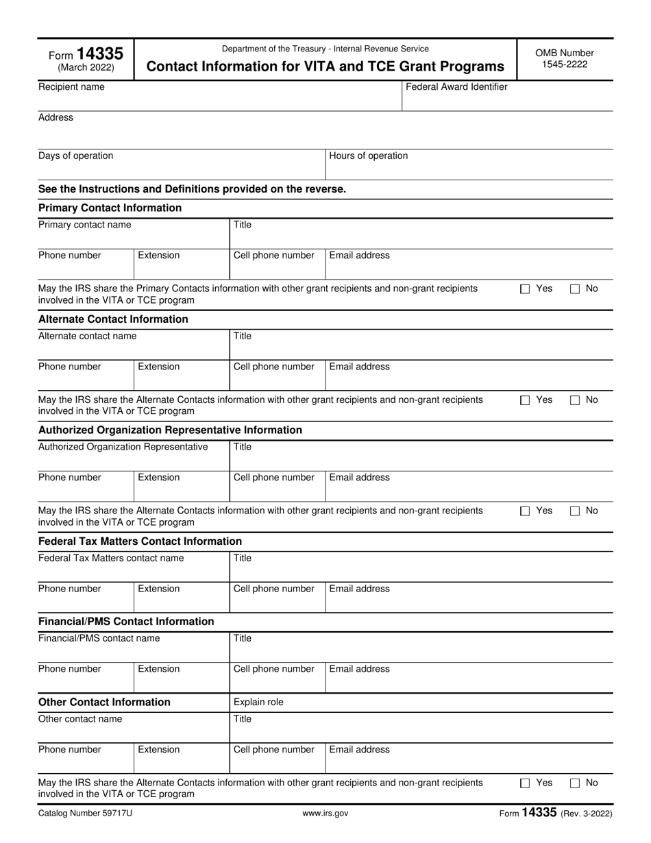 IRS Form 14335 Contact Information for Vita and Tce Grant Programs, Page 1