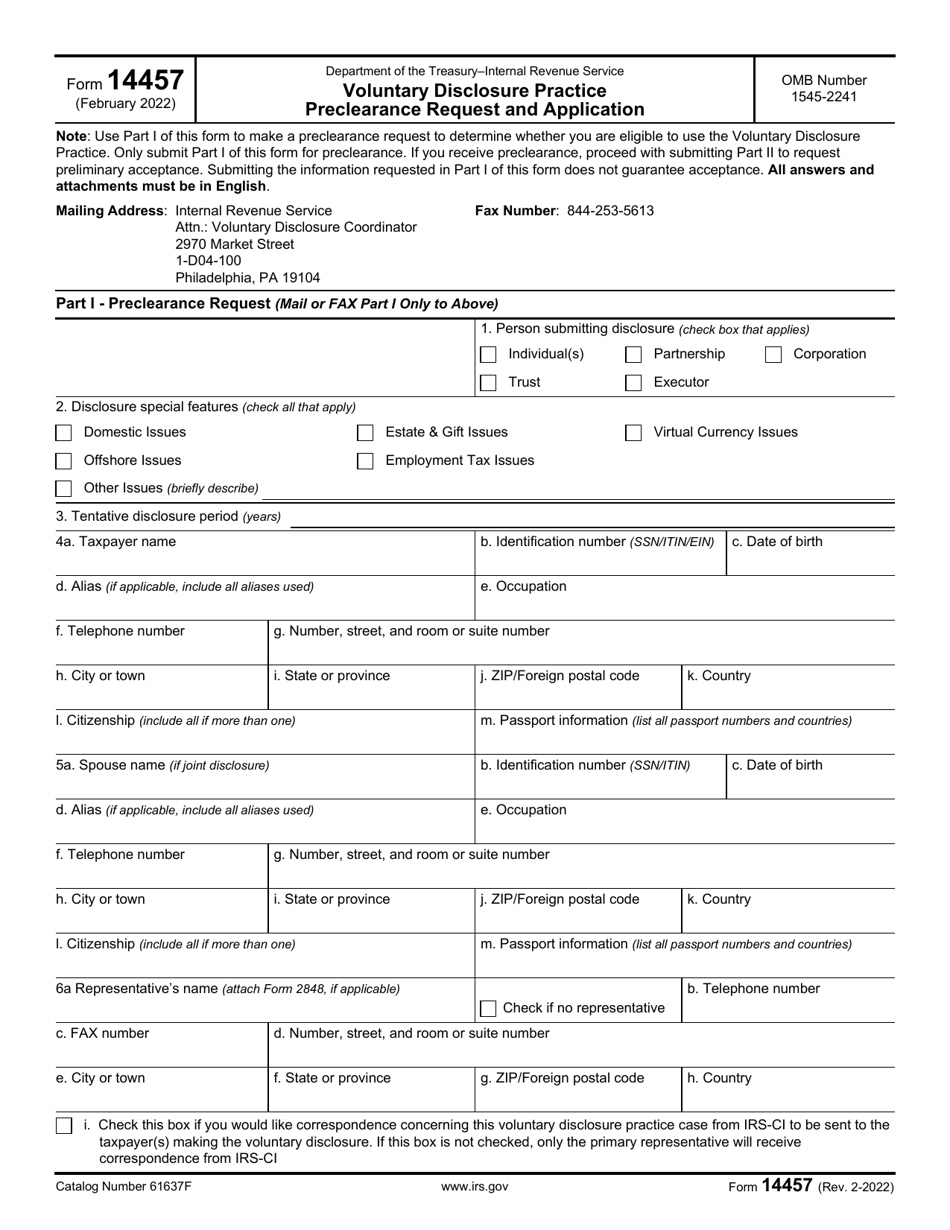 IRS Form 14457 Voluntary Disclosure Practice Preclearance Request and Application, Page 1