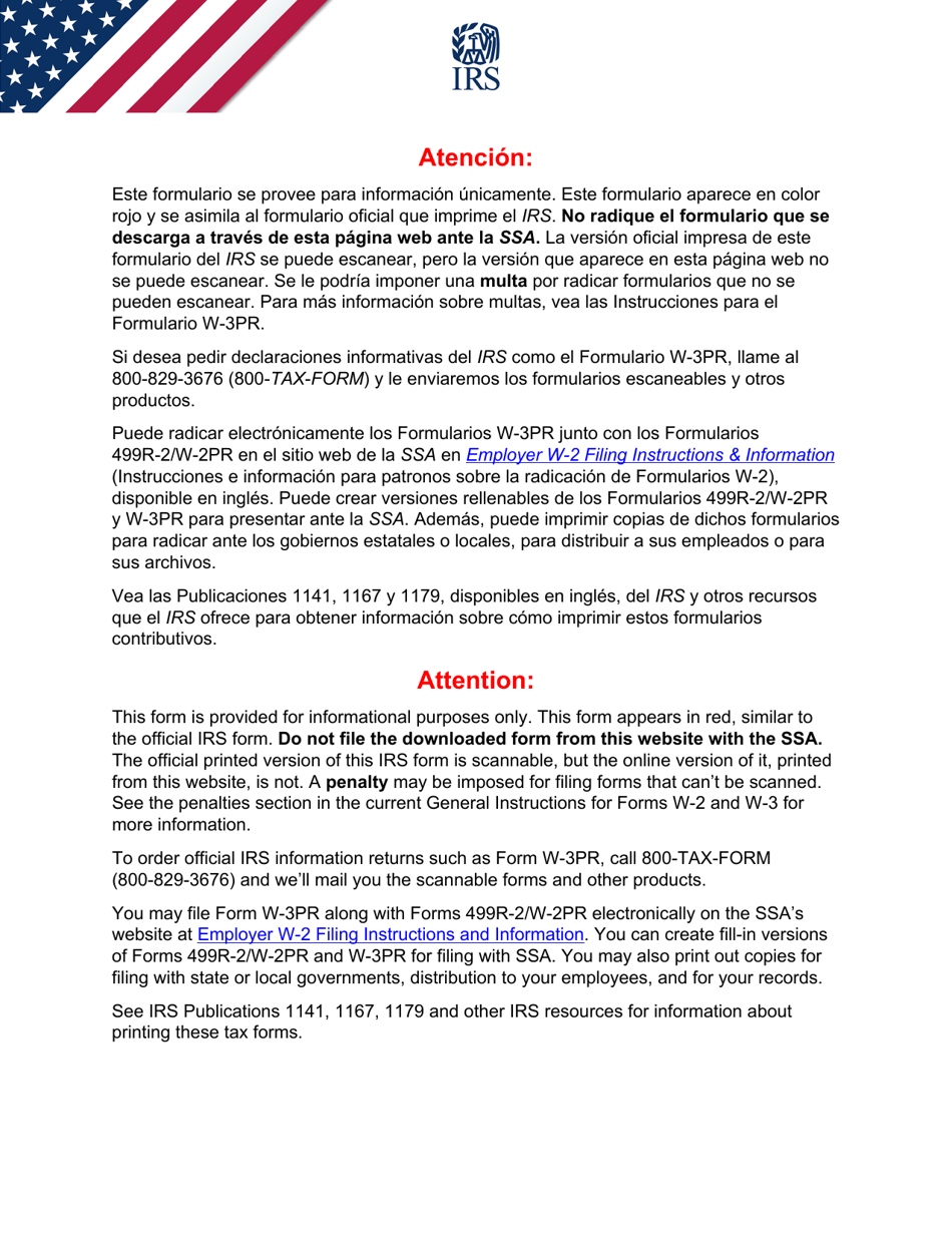 IRS Formulario W-3PR Informe De Comprobantes De Retencion Transmittal of Withholding Statements (Puerto Rican Spanish), Page 1