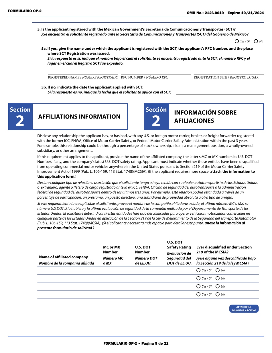 Form OP-2 Application for Mexican Certificate of Registration for Foreign Motor Carriers and Foreign Motor Private Carriers Under 49 U.s.c. 13902 (English / Spanish), Page 11