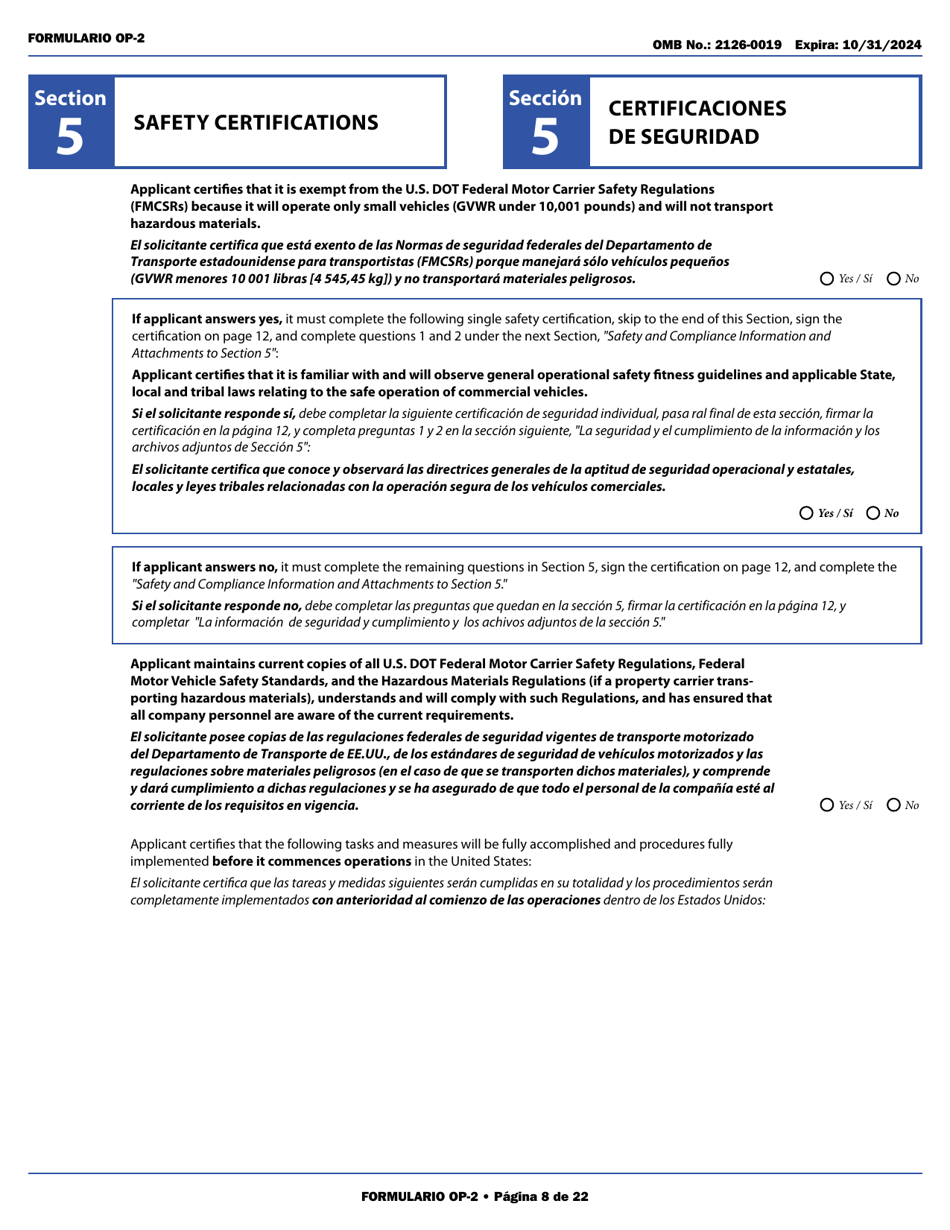 Form OP-2 Application for Mexican Certificate of Registration for Foreign Motor Carriers and Foreign Motor Private Carriers Under 49 U.s.c. 13902 (English / Spanish), Page 14