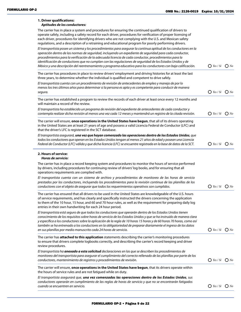 Form OP-2 Application for Mexican Certificate of Registration for Foreign Motor Carriers and Foreign Motor Private Carriers Under 49 U.s.c. 13902 (English / Spanish), Page 15
