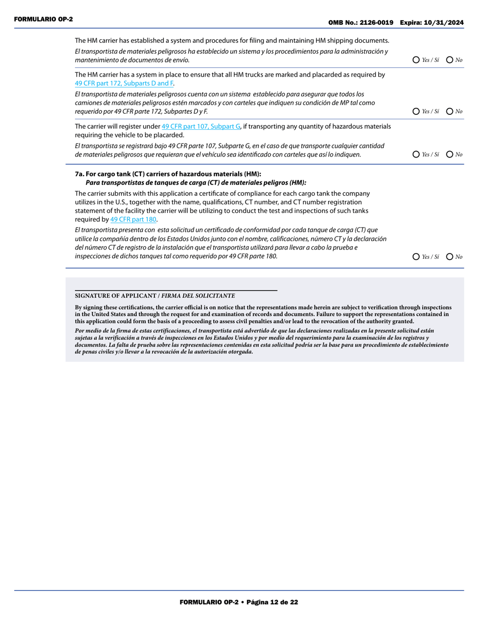 Form OP-2 Application for Mexican Certificate of Registration for Foreign Motor Carriers and Foreign Motor Private Carriers Under 49 U.s.c. 13902 (English / Spanish), Page 18