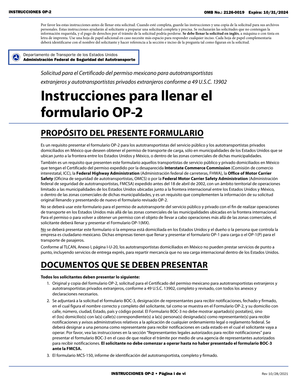 Form OP-2 Application for Mexican Certificate of Registration for Foreign Motor Carriers and Foreign Motor Private Carriers Under 49 U.s.c. 13902 (English / Spanish), Page 1