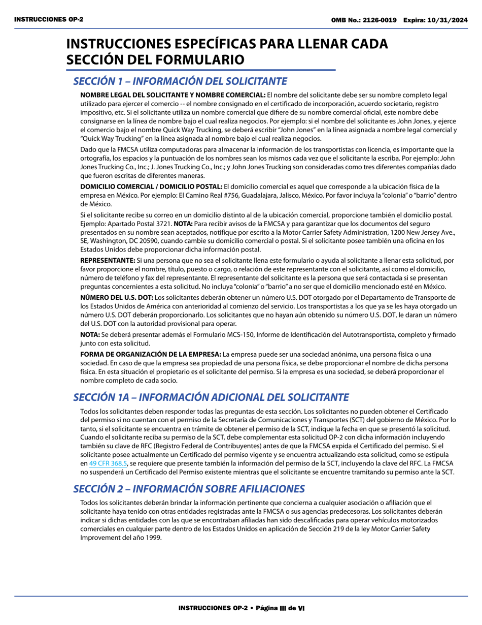 Form OP-2 Application for Mexican Certificate of Registration for Foreign Motor Carriers and Foreign Motor Private Carriers Under 49 U.s.c. 13902 (English / Spanish), Page 3