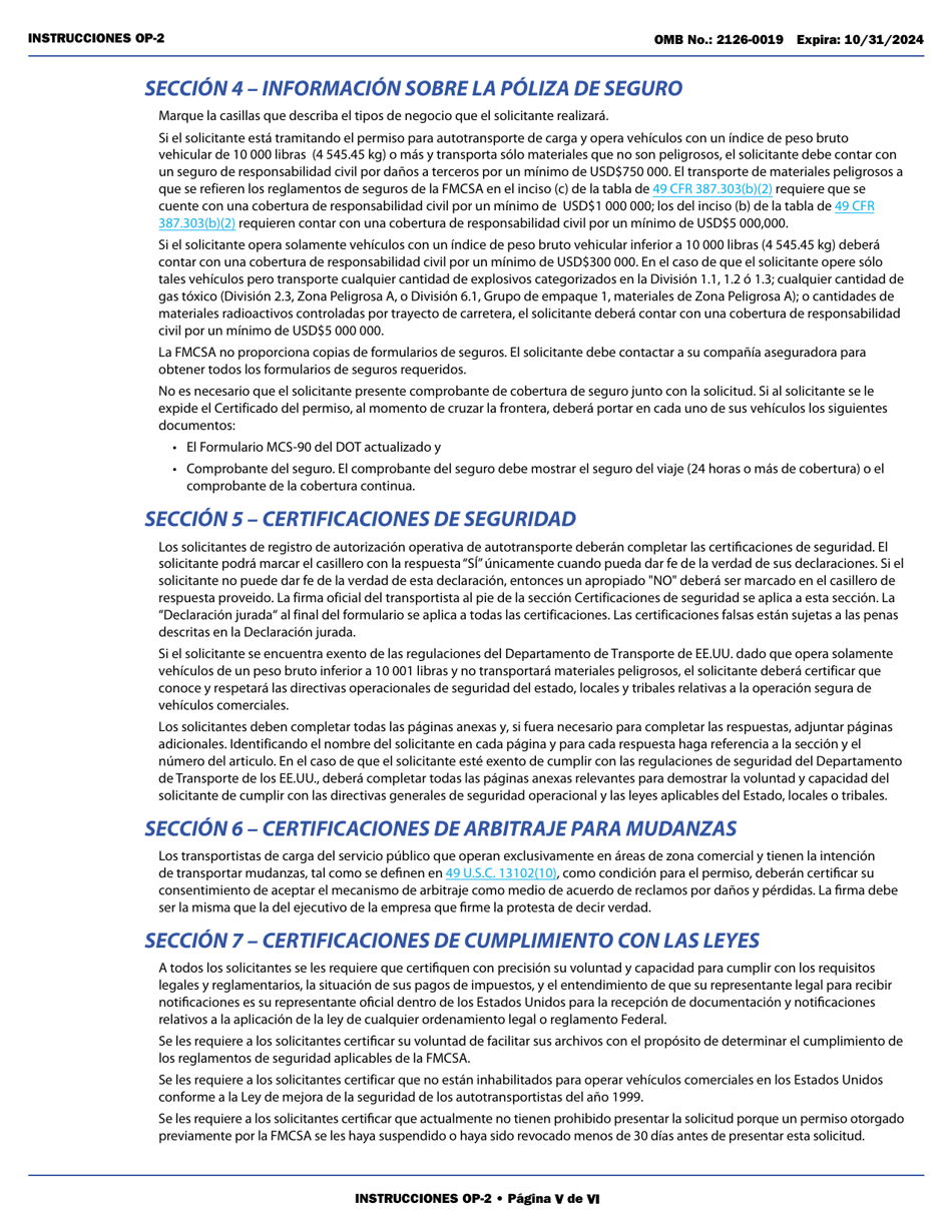 Form OP-2 Application for Mexican Certificate of Registration for Foreign Motor Carriers and Foreign Motor Private Carriers Under 49 U.s.c. 13902 (English / Spanish), Page 5