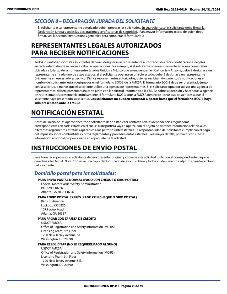 Form OP-2 Application for Mexican Certificate of Registration for Foreign Motor Carriers and Foreign Motor Private Carriers Under 49 U.s.c. 13902 (English / Spanish), Page 6